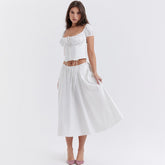 White Cropped Corset Tops Set Cotton Sexy Short Puff Sleeve Blouse 2 Pieces Set Womens Clothing